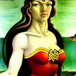 portrait of a beautiful busty wonder woman with green eyes by Sandro Botticelli style