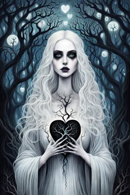 illustration from a surreal ghostly woman with ghostly white skin in Tim Burton style, high details, surrounded by various strange mystic trees. Her eyes are close open, and her is long messy dark hair. she holding a black heart, adding a unique surreal and sinister style to the artwork, etheral, weird plants, otherworldly, dark mood, cinematic