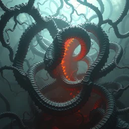 in style of Daniel Merriam, mongolian death worms, writhing, sinister, tangle, dreamscape, hyperrealism, surreal, 3D rendered, volumetric lighting.