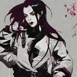 Billie Eilish as a goth punk vampire huge girl, illustration by Yoji Shinkawa and Katsushika Hokusai, finely detailed facial features, finely drawn and inked, 4k, symmetric, hyperdetailed , dark plum and red wine tones