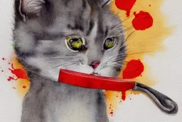 Cute cat diabolical smiling with a bloody knife with blood. Watercolour