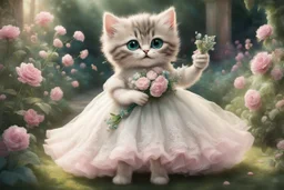 an anthropomorphic, kitten bride happily throwing a bouquet in a beautiful garden. The kitten has fluffy fur in shades of light brown and grey with distinct tabby markings on its face. Its large, expressive eyes are a deep emerald green and it has a small, pink nose. The kitten is wearing embroidered white lace bride dress, tulle, gemstones, pearls, adorning the hem and bodice. Behind her, a celebrating crowd, cats and people dressed in elegant clothes, wedding food and cake on the tables. Behin