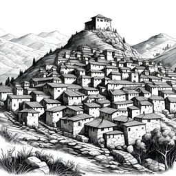 Walled village, on top of a mountain. Pen sketch, black and white. HD