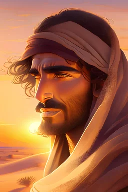 Arab young man, 30 years, roman nose, beard, brown eyes, long hair, short moustache, smooth skin, fantasy, turban, happy, facing forward. complete body, desert background, at sunset