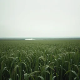 Melancholic, ultra-realistic photograph of a vast field swaying gently in the wind, delicate green stalks moving like waves, soft light of a clean sky, subtle haze in the distance, a lonely river glimmers faintly between the fields, atmosphere of quiet sadness and timeless beauty, cinematic, hyper-detailed, emotional and mesmerizing