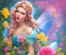 beautiful bright happy fairy portrait with long hair, thin face, two hands in a pink,blue, yellow flowers background,