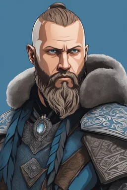 Ragnar Lothbrok in 8k cartoon artstyle, blue eyes, Bald, beard, tattoos, winter, close picture, highly detailed, high details, detailed portrait, masterpiece,ultra detailed, ultra quality