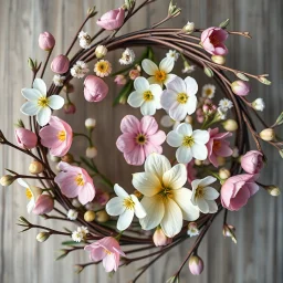 A hyper-realistic photograph of spring flowers and willow branches arranged in a wreath, top view composition, natural and soft mood, photorealistic style, macro photography, spring nature background, diffused natural lighting, pastel and fresh tones, ultra high resolution --ar 16:9