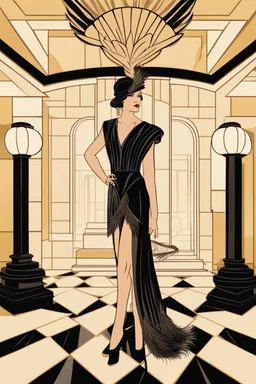 a woman with feathers in an Art Deco foyer