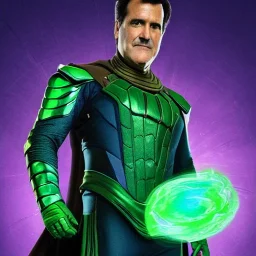 Bruce Campbell as Mysterio, Marvel, Green mist, dead spider man, MCU Multiverse, Zombie Avengers, Purple Background, Green clouds, Wearing helmet, Mist in helmet,