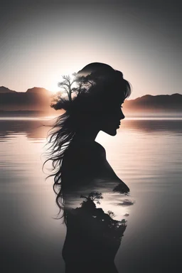 high quality, 8K Ultra HD, A beautiful double exposure that combines an goddess silhouette with sunset coast, sunset coast should serve as the underlying backdrop, with its details incorporated into the goddess , crisp lines, The background is monochrome, sharp focus, double exposure, by yukisakura, awesome full color,