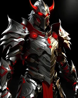 silver metal demon armor with crimson trim, gold highlights, glowing red eyes, long crimson cape, red hair out of the helmet