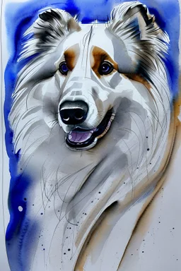 Abstract wet watercolour of a rough collie, ink lines, interlinked circles,detailed focus on eyes