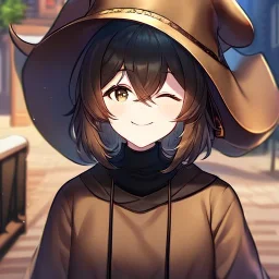 Clear focus, High resolution, short brown spiky hair, hair between eyes, eyes closed, wearing a brown detective hat, wearing a brown jacket and a black shirt, wearing black shorts, 1girl, pulling hat down, smiling, wearing a oversized hoodie