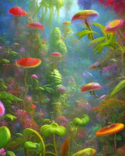 mystical venus fly trap, flowers, jungle, vibrant colours, impressionism, soft lighting. trees in background,