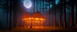 a library in forest with fireflies and orange mystic lights around trees that have wide leaves and broad trunked. Night with moon light.