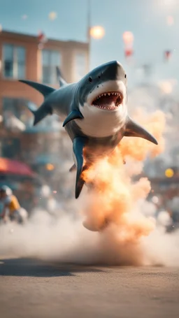 shark dog stunt man explosion and fall, smoke and blitz, bokeh like f/0.8, tilt-shift lens 8k, high detail, smooth render, down-light, unreal engine, prize winning