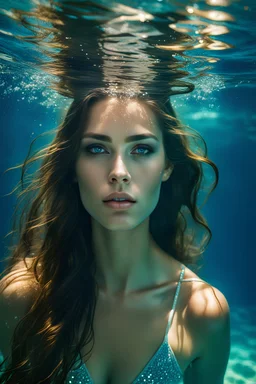 A stunningly beautiful young woman with opal eyes , full lips and brown long hair swimming underwater, natural colors, dynamic light and shadow, mid-angle , intricate details, very detailed scene with intricate details, realistic, natural colors, highly detailed, perfect composition, insanely detailed 32k artistic photography, photorealistic concept art, soft natural volumetric cinematic perfect light
