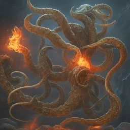 Digital art of a kraken, fire, war, HD, ultra realistic, detailed, centered, symetrical