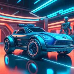 Create a 3D render style poster featuring a little RC Cart with an antenna sticking out of its roof close-up, standing in front of a V12 engine luxury car. The background milieu is futuristic and synth wave-inspired.