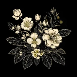un dibujo solo lineal sobre fondo negro, frutas entre un ramillete hermoso y delicado de flores en color blanco y color dorado