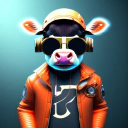 Cow toddler, smile, steampunk headphone, sunglass, gangsta neckless, full body, orange puffer jacket, tokio background, dramatic lighting, hyper realistic, unreal engine 5, 16k