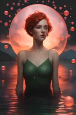 3D Bubbles, Floating hearts with an electrical current, fog, clouds, somber, ghostly mountain peaks, a flowing river of volcanic Lava, fireflies, a facial portrait of a totally gorgeous woman with short, buzz-cut, pixie-cut red hair tapered on the sides, green eyes, floating on her back in the water, watching the sunset.