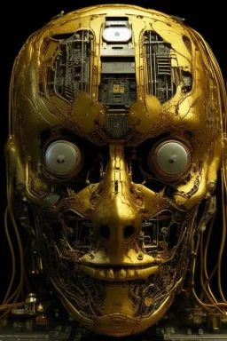 A mechanical click gears in the shape of humane Al Face with golden texture reflecting a dim light from a candle source, Dali style , Busch painting style with computer motherboard filled with chips and electronic components in the background .