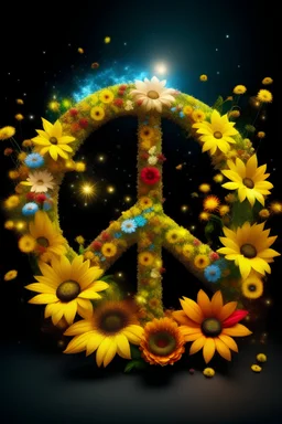 Peace sign made of stardust and water and flowers. Sunflower ields as Background