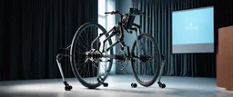 pinhole cam, weird geometry sacred, airbrush 3d rendering, integrated_multimodal_description: [Shot 1] A five-second cinematic single take in a clean industrial presentation hall. A bizarre mechanically plausible bicycle machine stands beside a presentation podium, designed to look like a giant mechanical praying mantis. Two large bicycle wheels form its main body and four thin articulated mechanical legs support it. Two long folded mechanical front arms resemble mantis forelegs.
