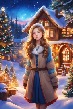 Once upon a time, in a magical Christmas village, there lived a beautiful anime girl with shiny light brown hair and lovely sparkling blue eyes, surrounded by Christmas trees and other festive decorations, cute cottages, glowing lights, and a snowy landscape. As the sunset light painted the sky with warm hues, the girl's digital painting came to life with vivid colors, creating a mesmerizing scene for all to see.