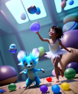 Ultra realistic speed room scene, wide angle view, childs playing with feather pillows and inflatable monsters, circus dress style, feather color, free jumping, many trinkets, hair monster, many jelly beans, balls, smile, extreme, wind, soft color, highly detailed, unreal engine 5, ray tracing, RTX, lumen lighting, ultra detail, volumetric lighting, 3d, finely drawn, high definition.