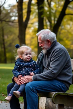 an old old dad in the park with his young 3n year old daughter playing but hes looking at al the mums
