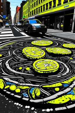 "street tart' depicts a technicolor lemon on a black and white street; frieze; dazzling