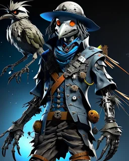 terrifingly cute cyberpunk scarecrow holding a crow, in the style of Android Jones, photography, head to toe, full body shot, white, navy blue grey, very detailed, very clear photo, 3D,