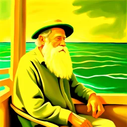 an introspective painting of an old mariner alone at sea, his beard and the ocean indistinguishable. Gentle golds and greens, brushstrokes evoke thought, memory, and dissolution. Quiet, meditative, deeply emotional. --v 7 --style ultra --ar 3:2 --q 2