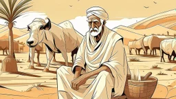 Old man, Arab, turban, white clothes, cattle, desert, council, sun, palm trees, mud houses, holding a stick, looking forward, a very slight smile.cartoon,Sitting on a chair,long beard,Mouth slightly open