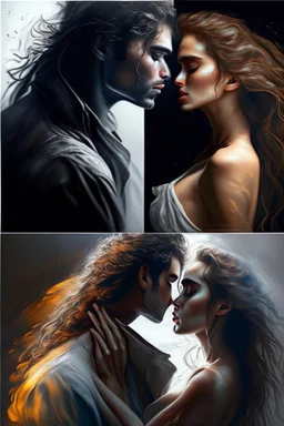 Style: image transformation with changing features, standing, intimate feelings and kissing, high realism, realistic relationship features, professional details sexually realistic, person for can give it back to of back and forth with the Style of fantasy Painting
