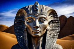 stunning cate-alien face sphinx statue made of granit in the desert, fantasy, deep colors, high detalied, sharp focus, stars on the sky, surrealistic, sci-fi mood