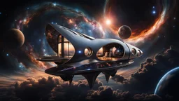 floats in big space a photorealistic futuristic unique house, outer space in a star nebula, streamlined futuristic spaceship floating in front, nebula behind, stars, tiny planets in the distance, dark blue deep space Professional photography, bokeh, natural lighting, canon lens, shot on dslr 64 megapixels sharp focus, stunnig, sharp focus