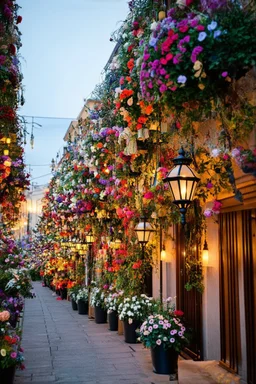 a beautiful Street decorated with flowers lamps lights