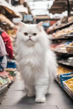 A white Persian cat in jeans shopping in the middle of a local market