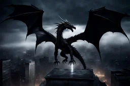 black dragon on top of a building wings outstetched dark fantasy lightening