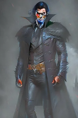 a tall, imposing Vampire, with broad shoulders and massive arms, Long, black hair, a nose that curves down like a vultures beak, a large, square chin with a large impression denting the center of it, extremely pale skin, dark, evil eyes, wearing a black leather jacket and pants with a black high collared leather cape, realistic lighting, Very accurate, full body portrait, eyes looking directly into the camera in dark dramatic lighting, realistic, photorealism, 4k, HD, Ultra-HD,