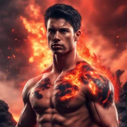 Hyper Realistic Extremely Handsome Young Muscular Fire-Super-Hero with short-black-hair standing with Lava-splashes meteors with red cloudy sky & smoke around, dramatic & cinematic ambiance