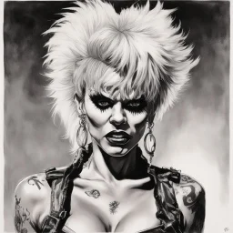 dramatic portrait of Wendy O Williams of the Plasmatics, tough ink illustration