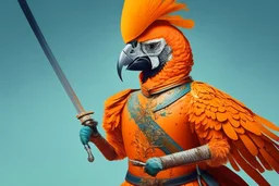 half parrot half human in a orange Dutch uniform with a katana having a sword fight against another person