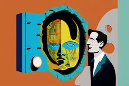 man with head inside a Hole in the wall bank machine in the style of Eileen Agar