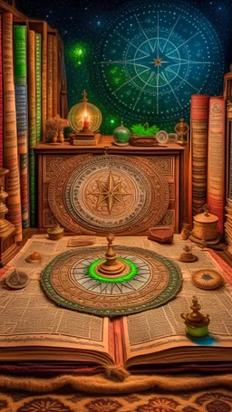 Rain and storm of books, compass, stars at the creepy house of the antique maps, diorama in the style of Alphonse mucha