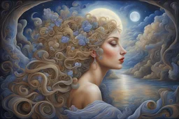 Moonlight. Detailed. Oil painting on canvas. Josephine Wall, Catherine Abel style